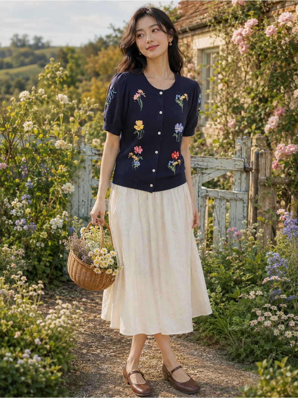 NWT Navy Floral Embroidered Button-Front Cardigan Cottagecore Coquette